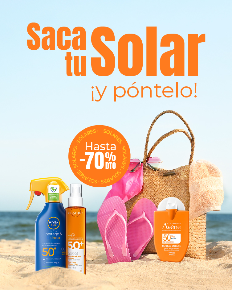Texto promocional solares junto a sprais solares y bolso de playa